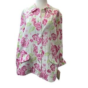 Breckenridge Womens Shirt Blazer Large White Flowers Cotton Casual Button Up